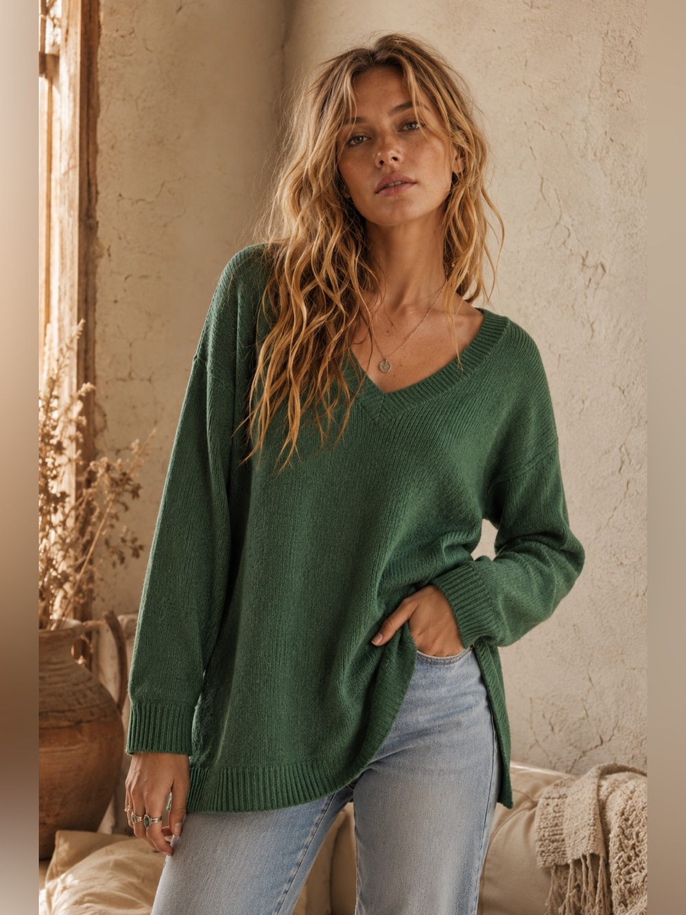 Dreamers by Debut Forest Green V-Neck Cozy Knit Sweater S/M